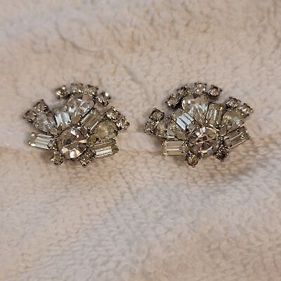 Vintage Silver Tone Rhinestone Clip On Earrings