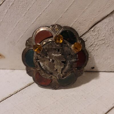Antique Victorian Scottish Agate Cairngorm Thistle Brooch