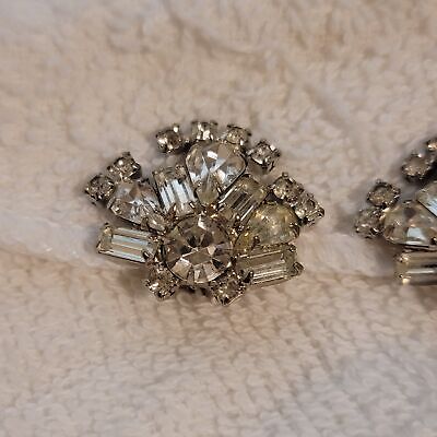 Vintage Silver Tone Rhinestone Clip On Earrings