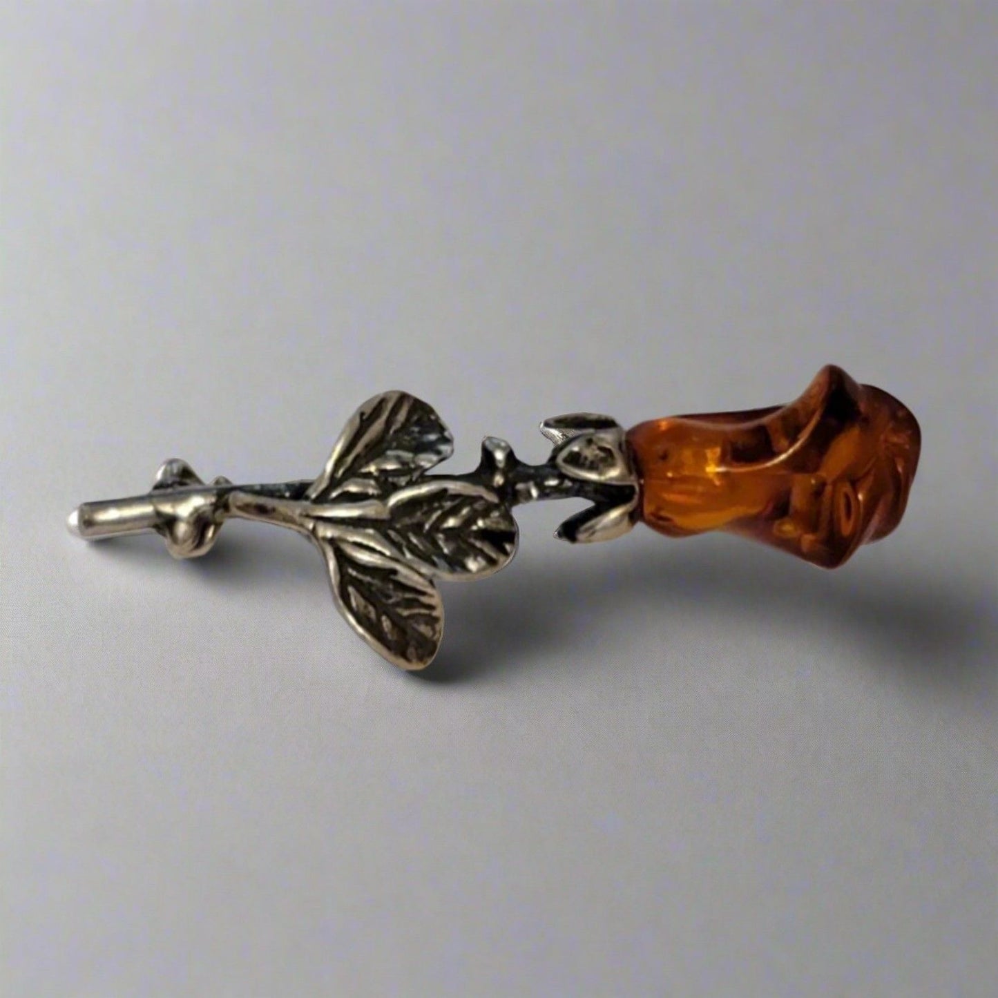 Silver Amber Rose Brooch