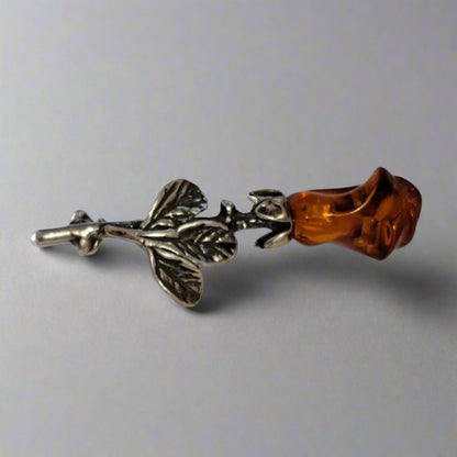 Silver Amber Rose Brooch