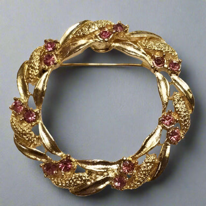 Vintage Gerry’s Wreath Brooch – Gold Tone Circle Pin with Pink Rhinestones