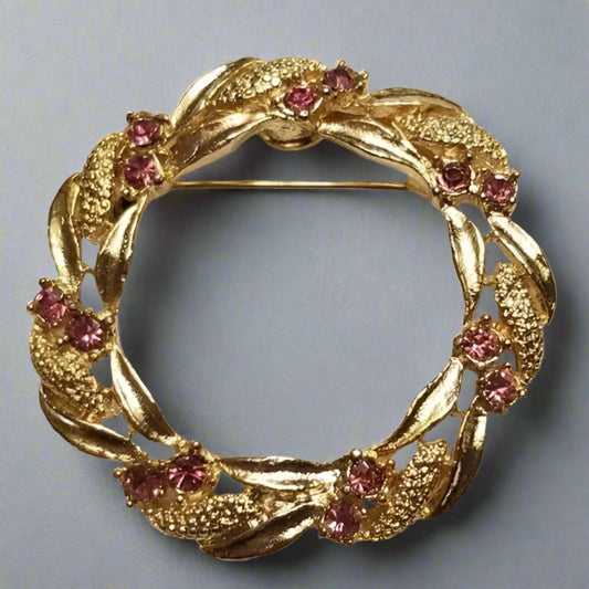 Vintage Gold Tone Rhinestone Wreath Brooch
