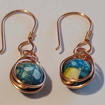 Handmade Copper Wire Wrapped Bead Dangle Earrings