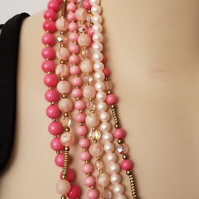 Vintage Pink 6 Strand Box Clasp Necklace