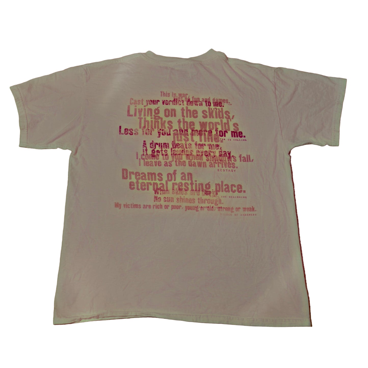Back of vintage 1994 Megadeth R.I.P. band T-shirt with printed song lyrics in red and gold text.