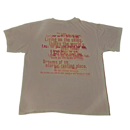 Back of vintage 1994 Megadeth R.I.P. band T-shirt with printed song lyrics in red and gold text.