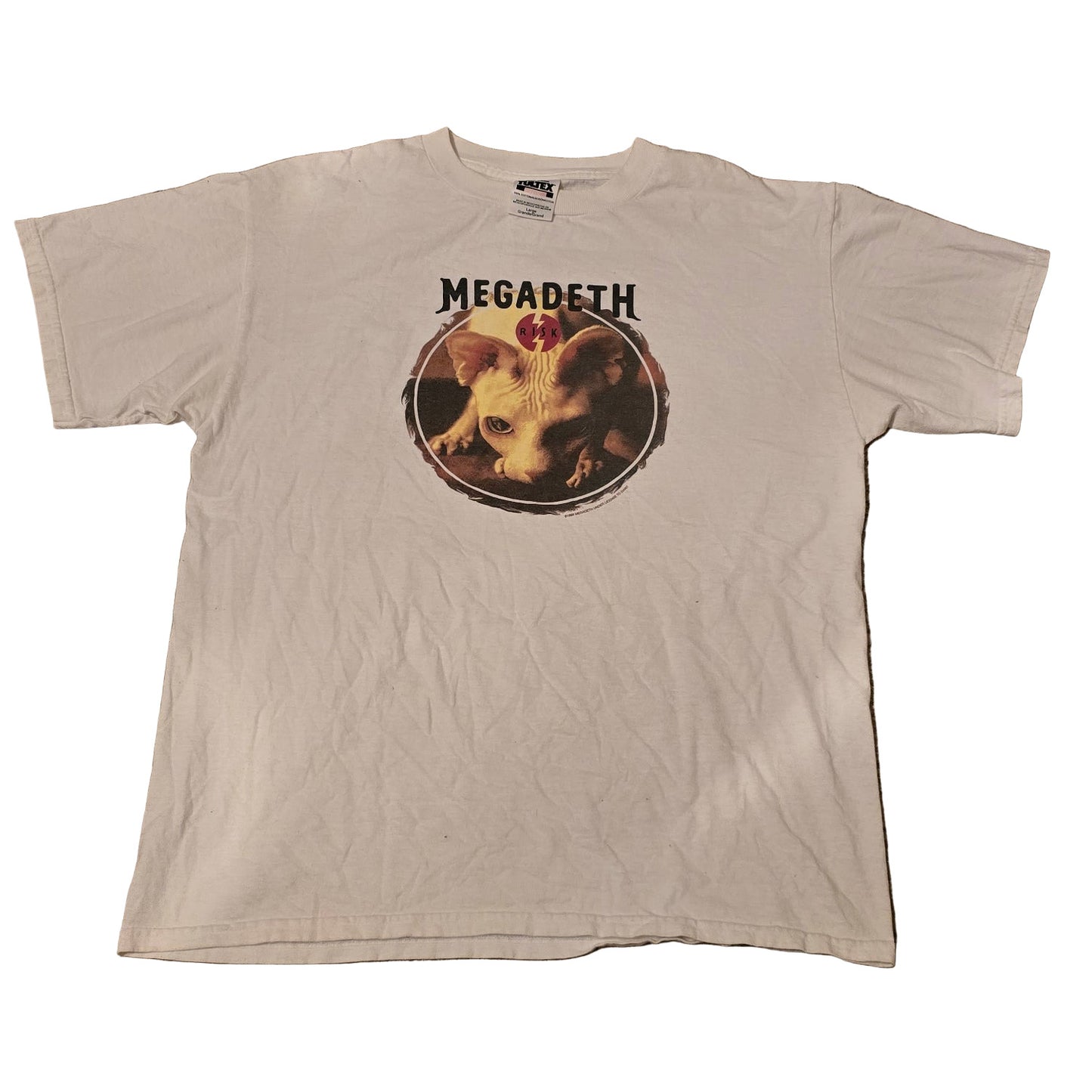 Front of vintage 1994 Megadeth R.I.P. T-shirt on white Tultex blank featuring sphynx cat graphic and Megadeth logo