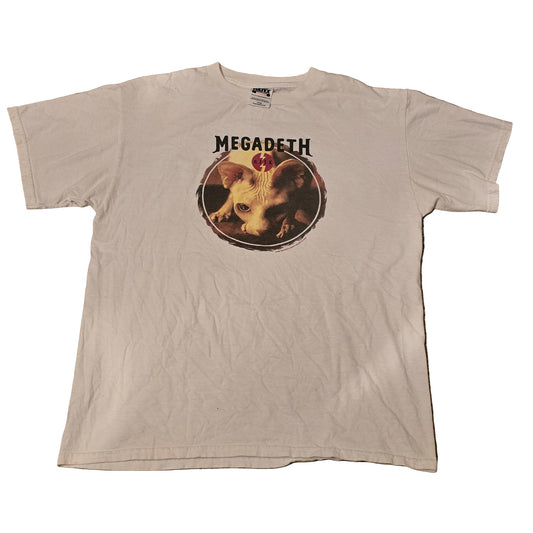 Front of vintage 1994 Megadeth R.I.P. T-shirt on white Tultex blank featuring sphynx cat graphic and Megadeth logo