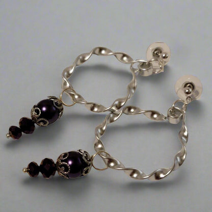 Handmade Twisted Silver And Purple Hoop Dangle Earrings
