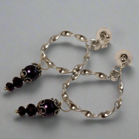 Handmade Twisted Silver And Purple Hoop Dangle Earrings
