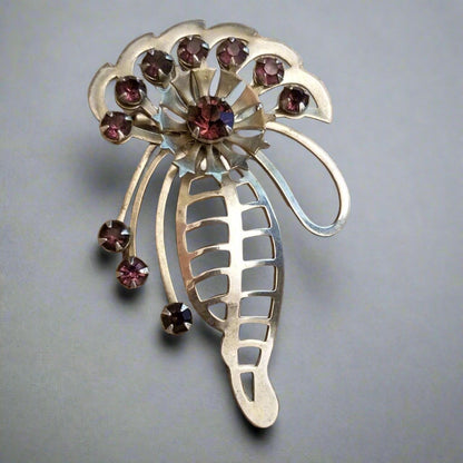 Vintage Silver Tone Rhinestone Brooch Pendant