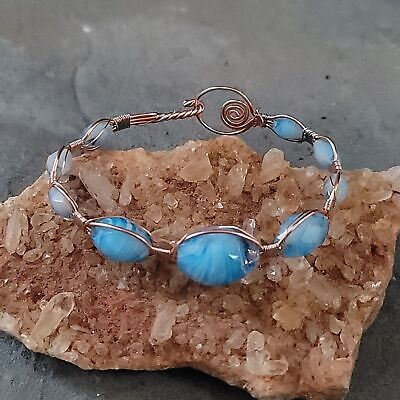 Handmade Baby Blue Glass Bead Copper Wire Bracelet (Upcycled Beads)