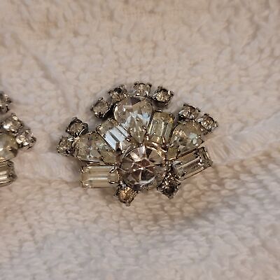 Vintage Silver Tone Rhinestone Clip On Earrings