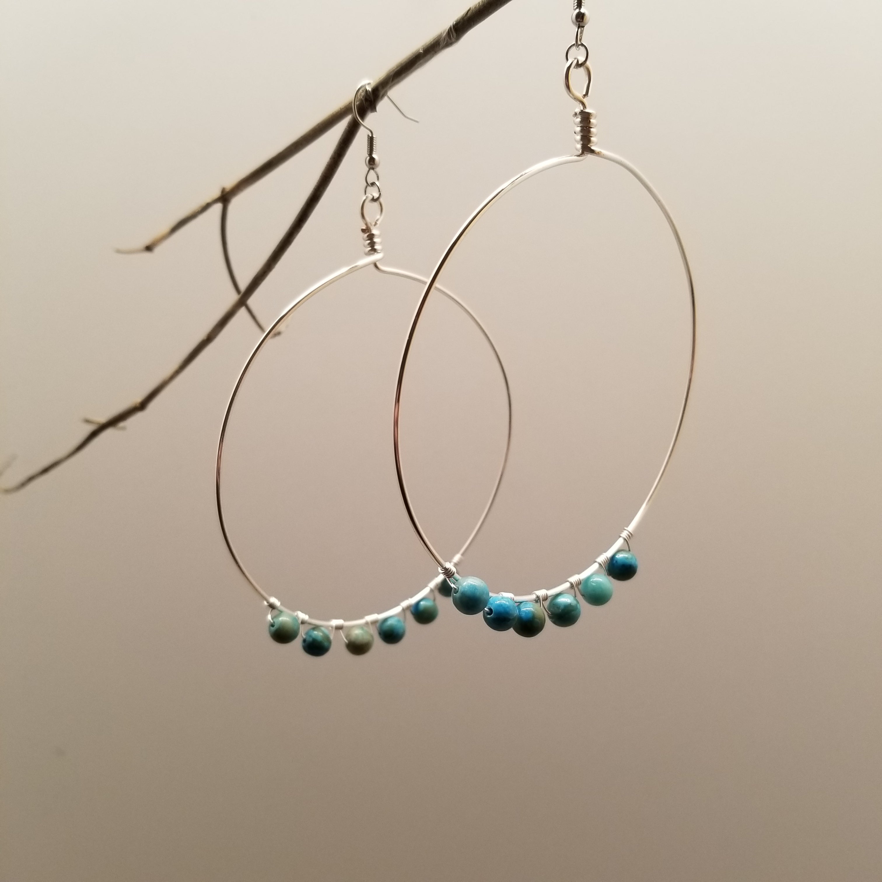 Handmade Silver Tone Wire Wrapped Jasper Hoop Earrings