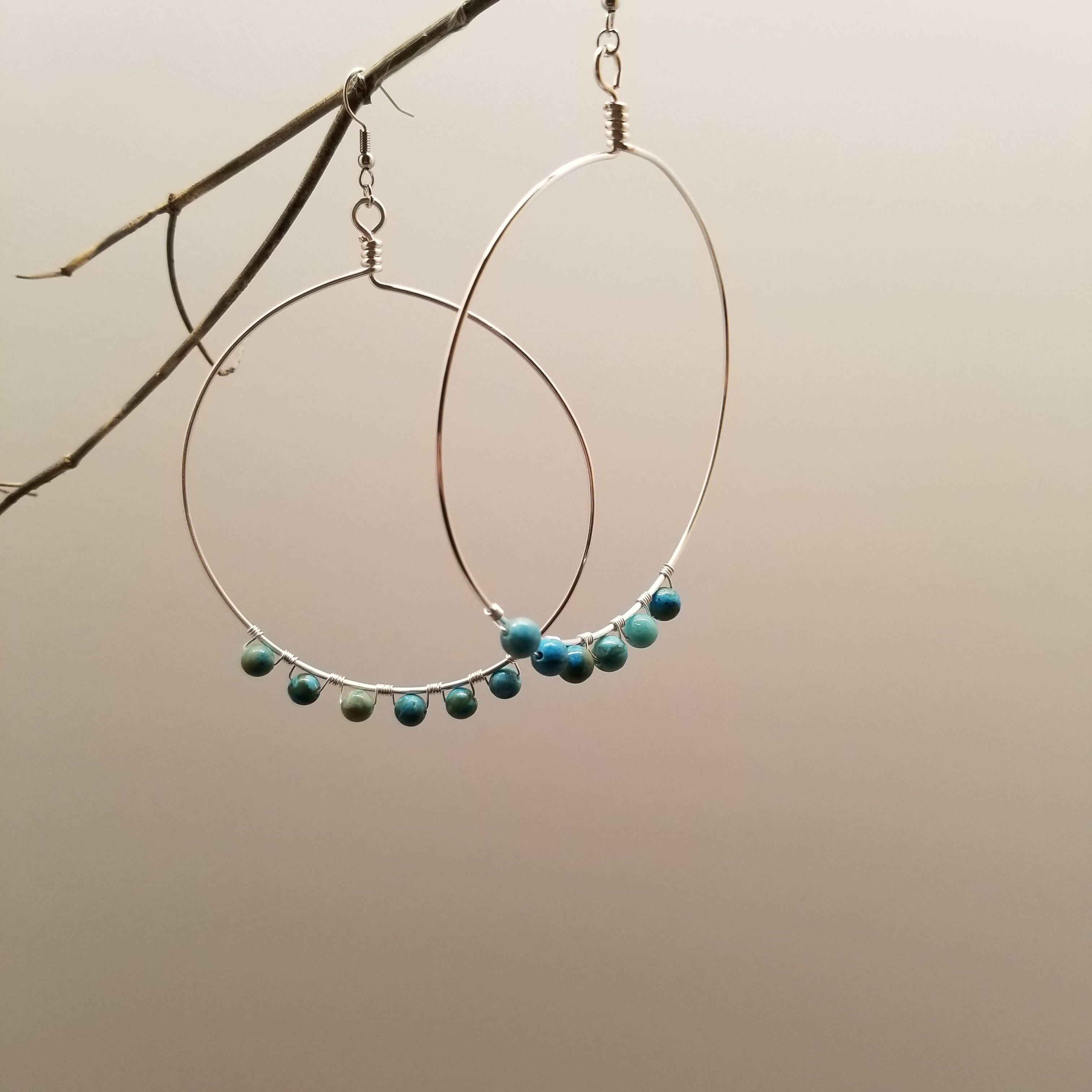 Handmade Silver Tone Wire Wrapped Jasper Hoop Earrings