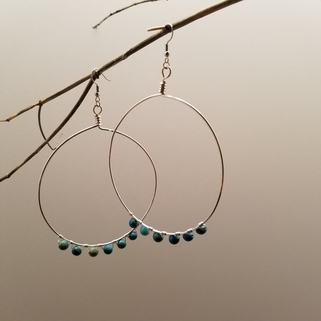 Handmade Silver Tone Wire Wrapped Jasper Hoop Earrings