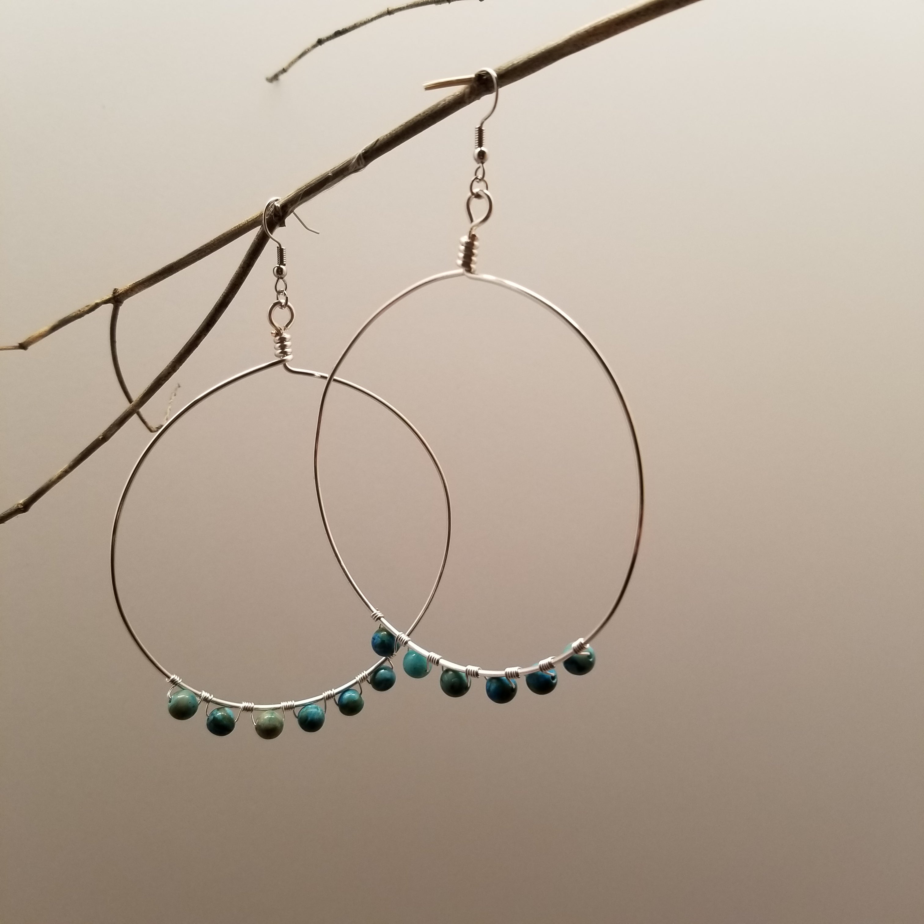 Handmade Silver Tone Wire Wrapped Jasper Hoop Earrings