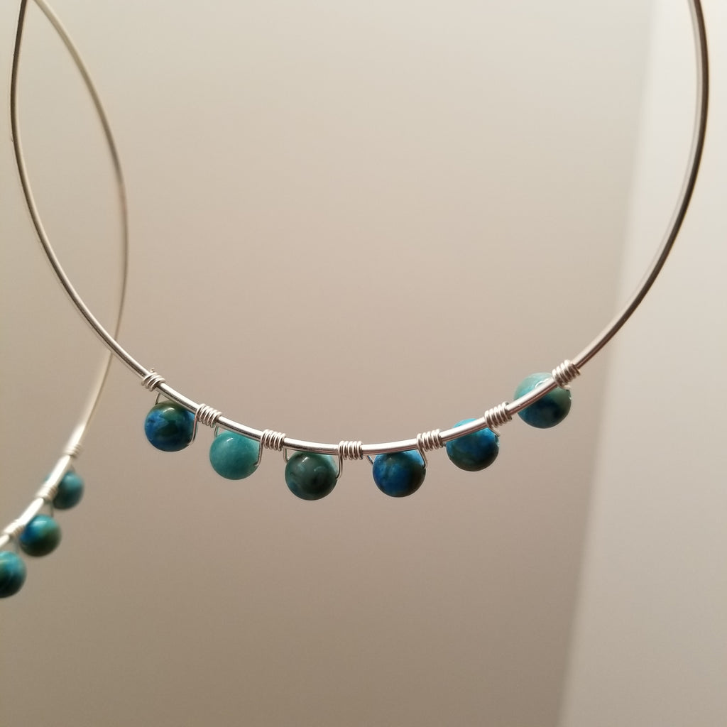 Handmade Silver Tone Wire Wrapped Jasper Hoop Earrings