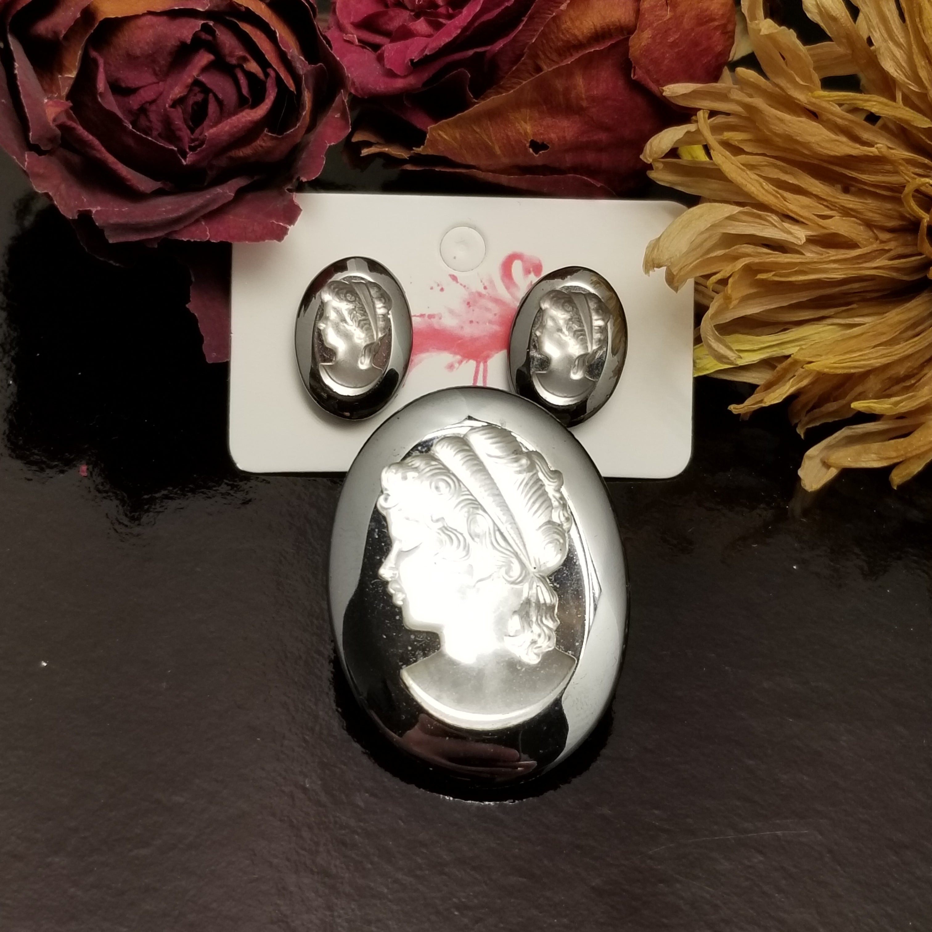 Grey Glass Cameo Earring & Brooch Set