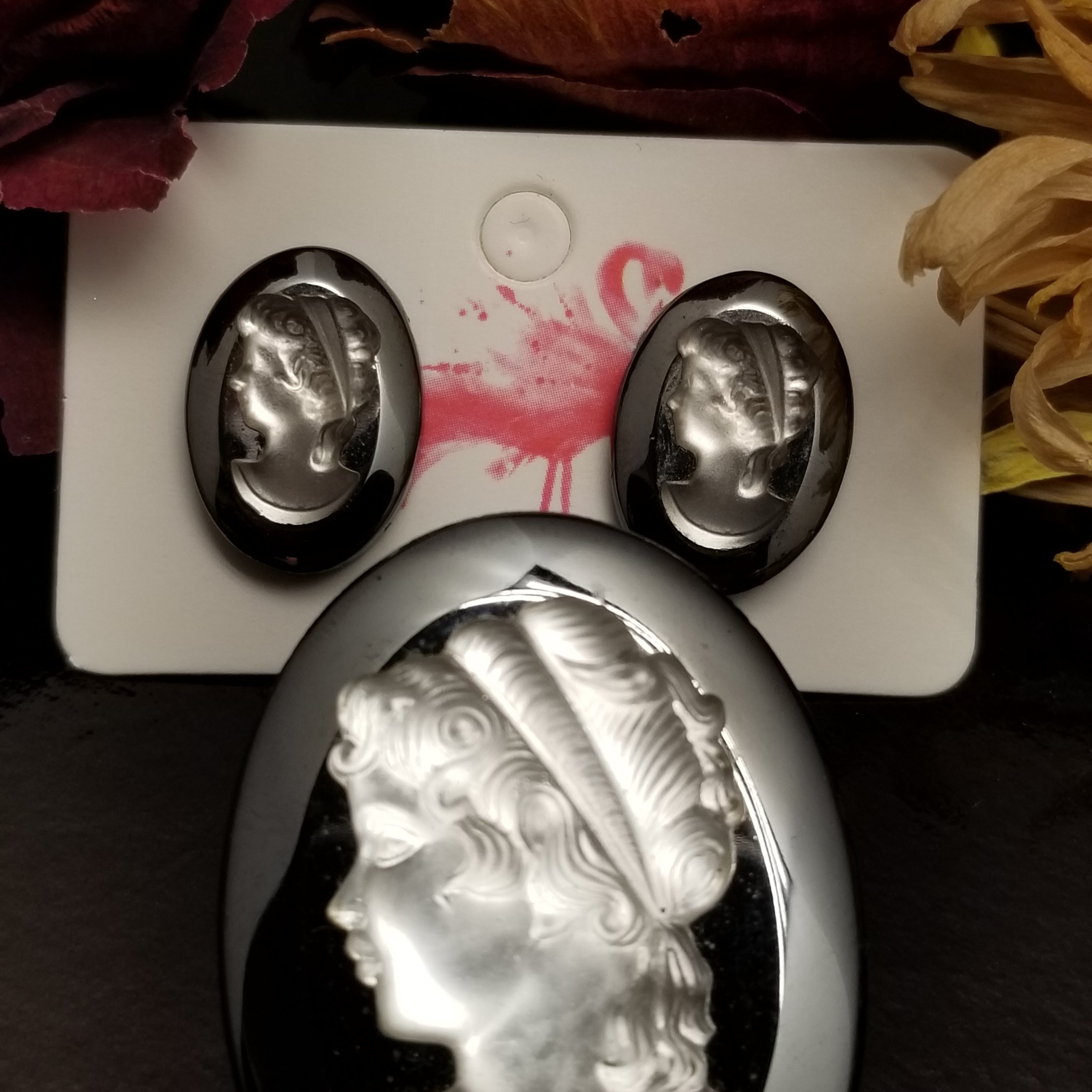 Grey Glass Cameo Earring & Brooch Set