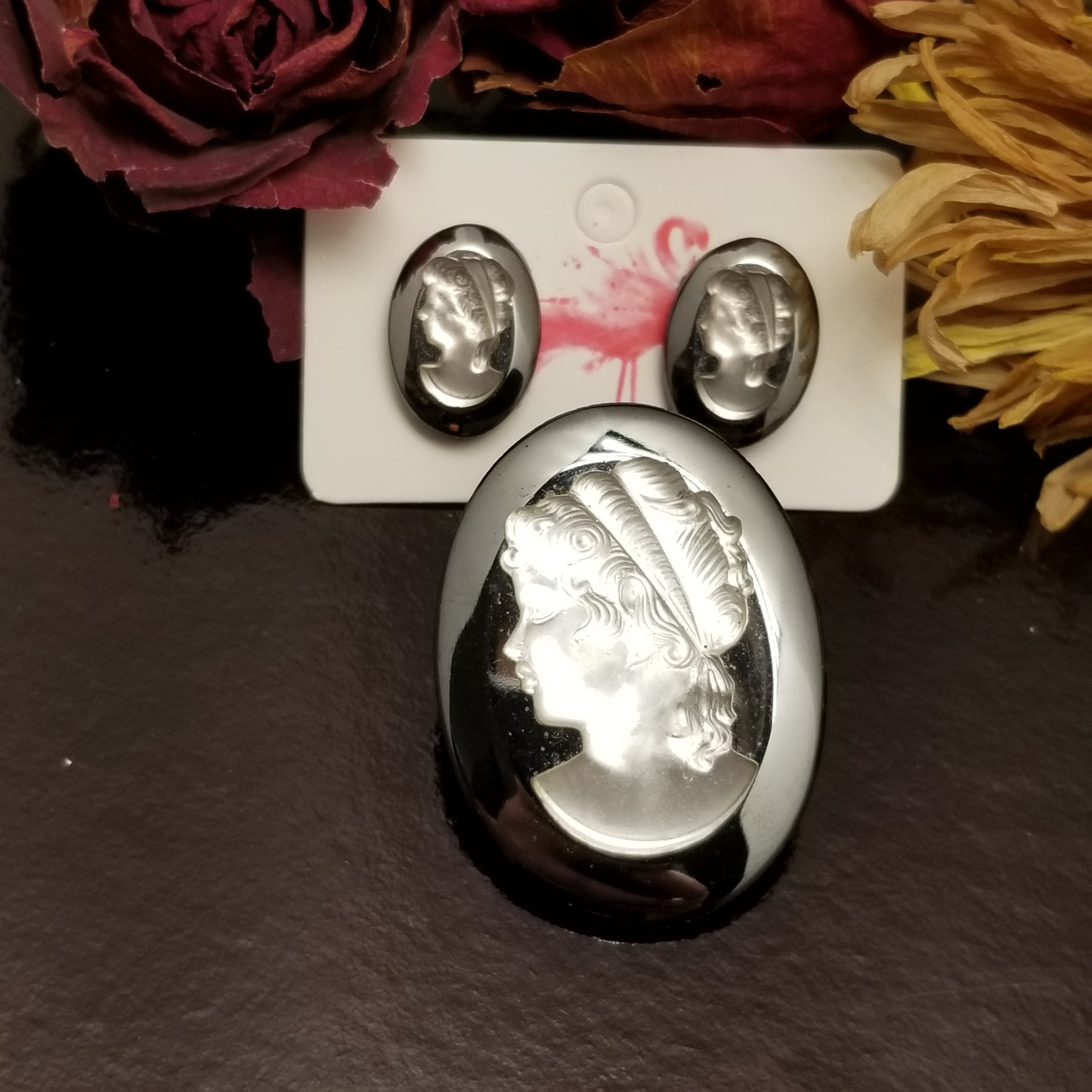 Grey Glass Cameo Earring & Brooch Set