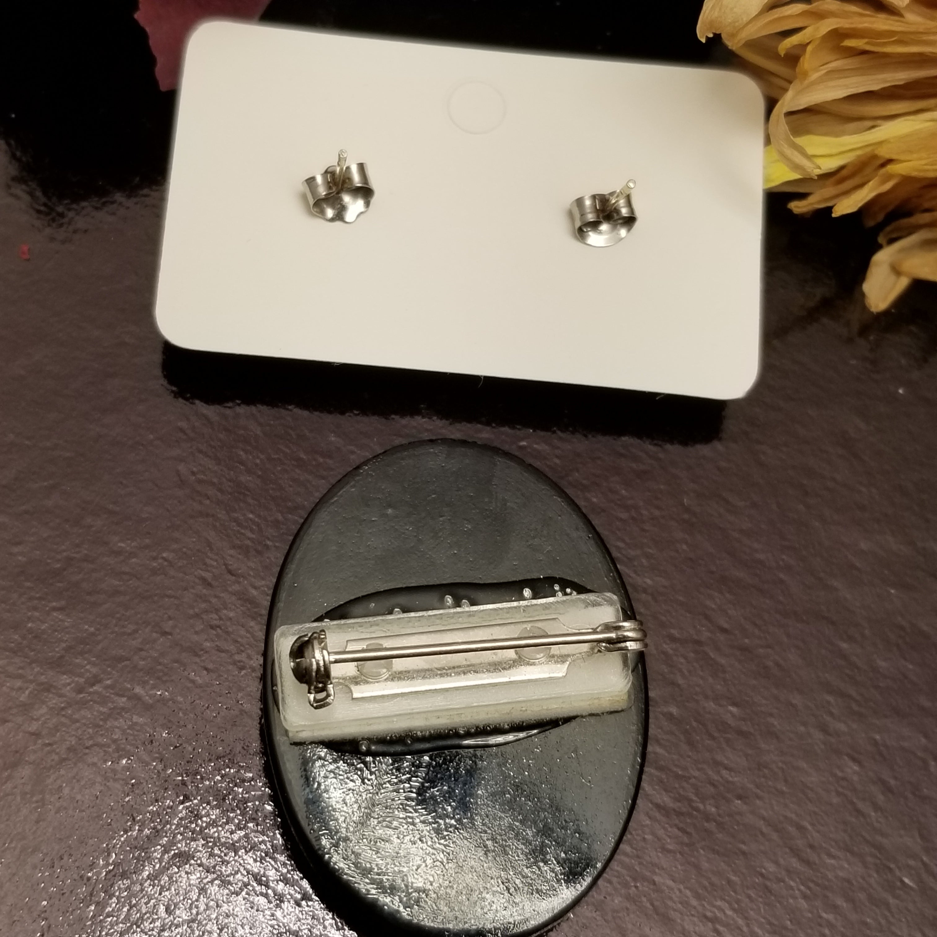 Grey Glass Cameo Earring & Brooch Set