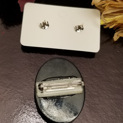 Grey Glass Cameo Earring & Brooch Set