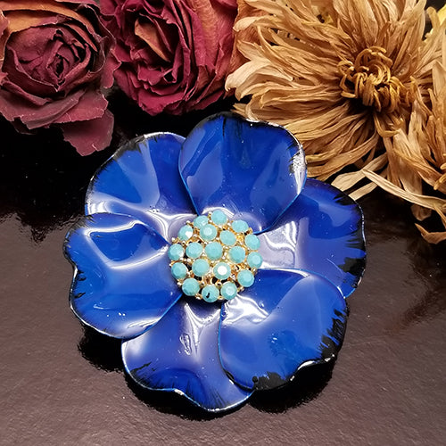 Vintage Blue Rhinestone Metal Flower Brooch