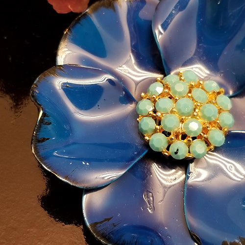 Vintage Blue Rhinestone Metal Flower Brooch
