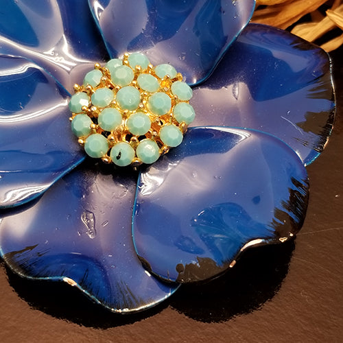 Vintage Blue Rhinestone Metal Flower Brooch