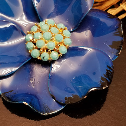 Vintage Blue Rhinestone Metal Flower Brooch