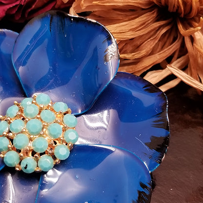 Vintage Blue Rhinestone Metal Flower Brooch