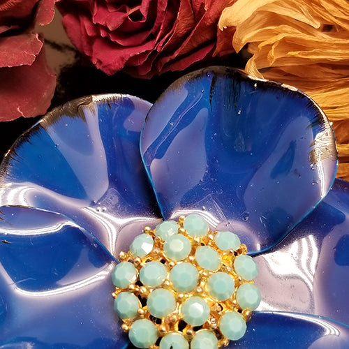 Vintage Blue Rhinestone Metal Flower Brooch