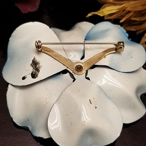 Vintage Blue Rhinestone Metal Flower Brooch