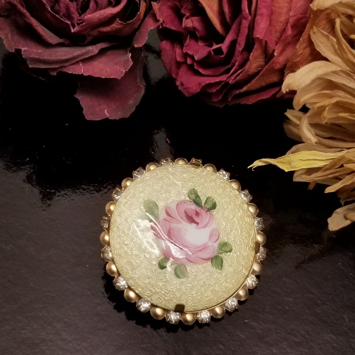 Vintage Rhinestone Enamel Guilloche Brooch