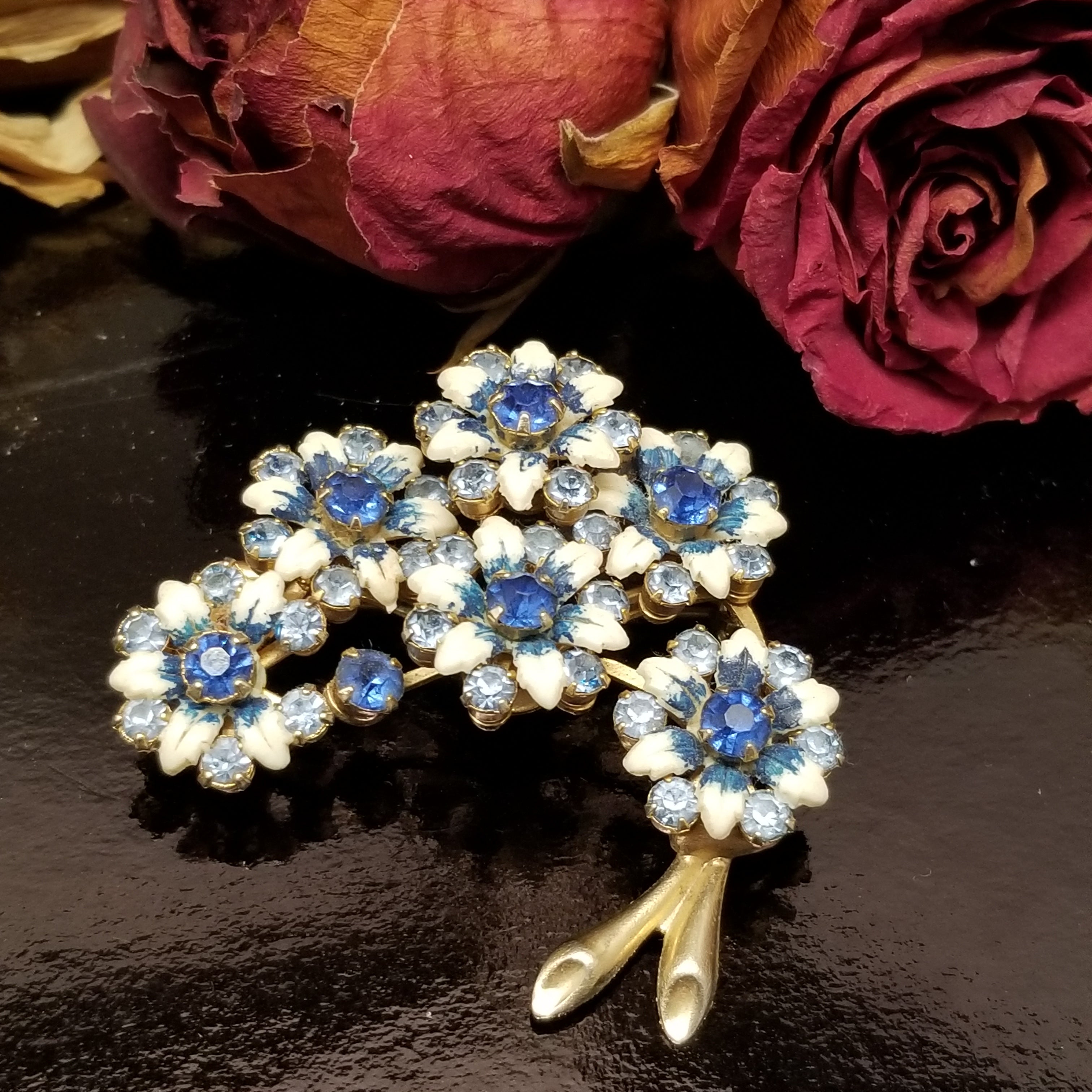 Vintage Blue and White Rhinestone Floral Brooch