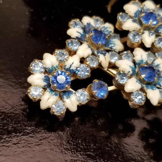 Vintage Blue and White Rhinestone Floral Brooch