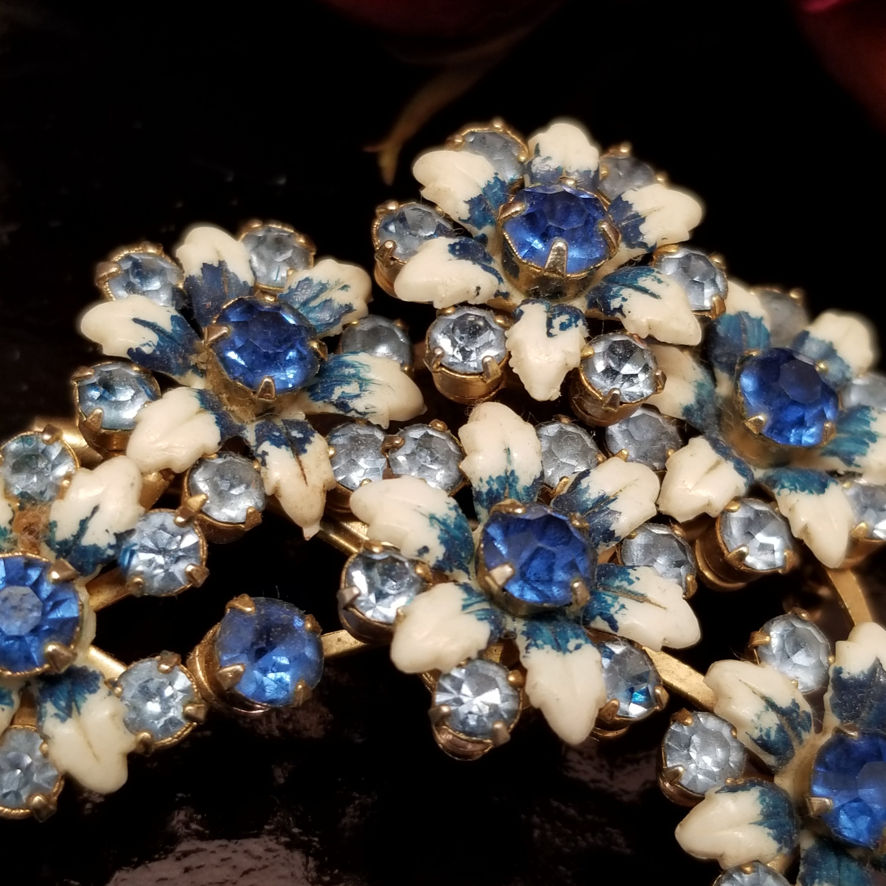 Vintage Blue and White Rhinestone Floral Brooch