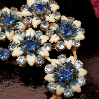 Vintage Blue and White Rhinestone Floral Brooch