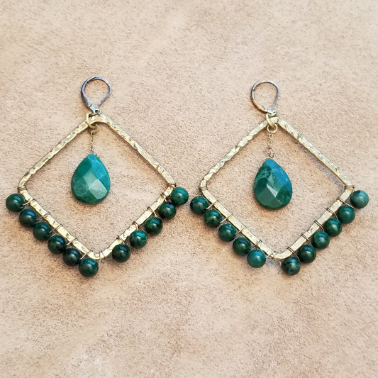 Green & Gold Wire Wrapped Bead Square Earrings