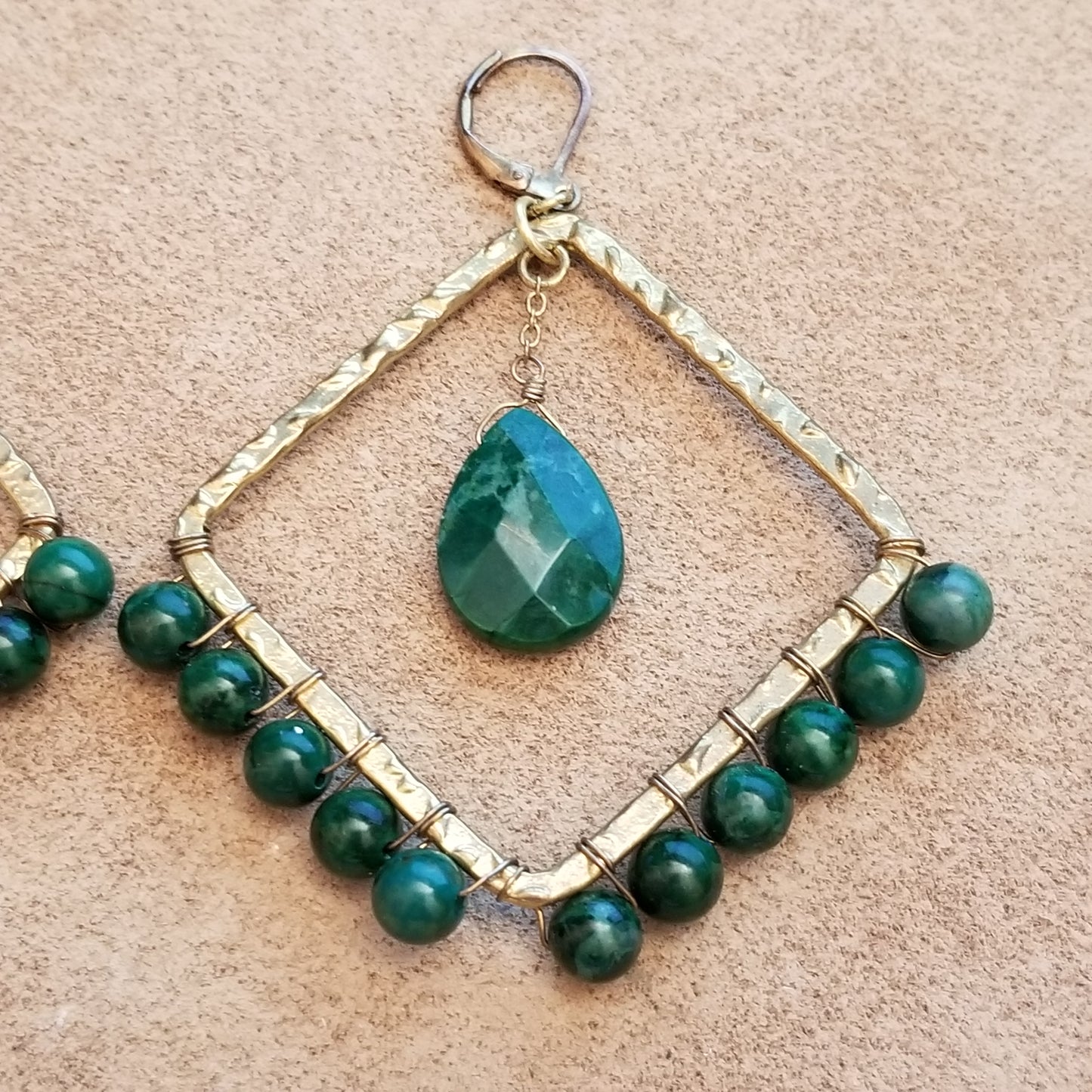 Green & Gold Wire Wrapped Bead Square Earrings