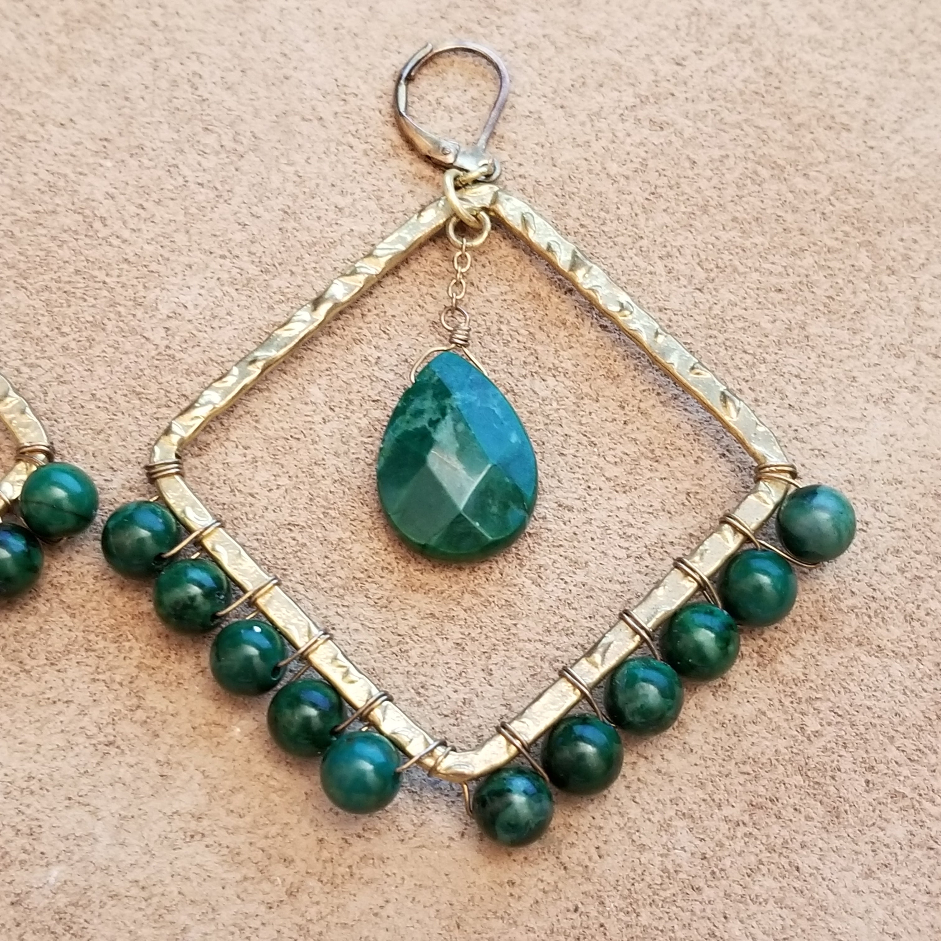 Green & Gold Wire Wrapped Bead Square Earrings