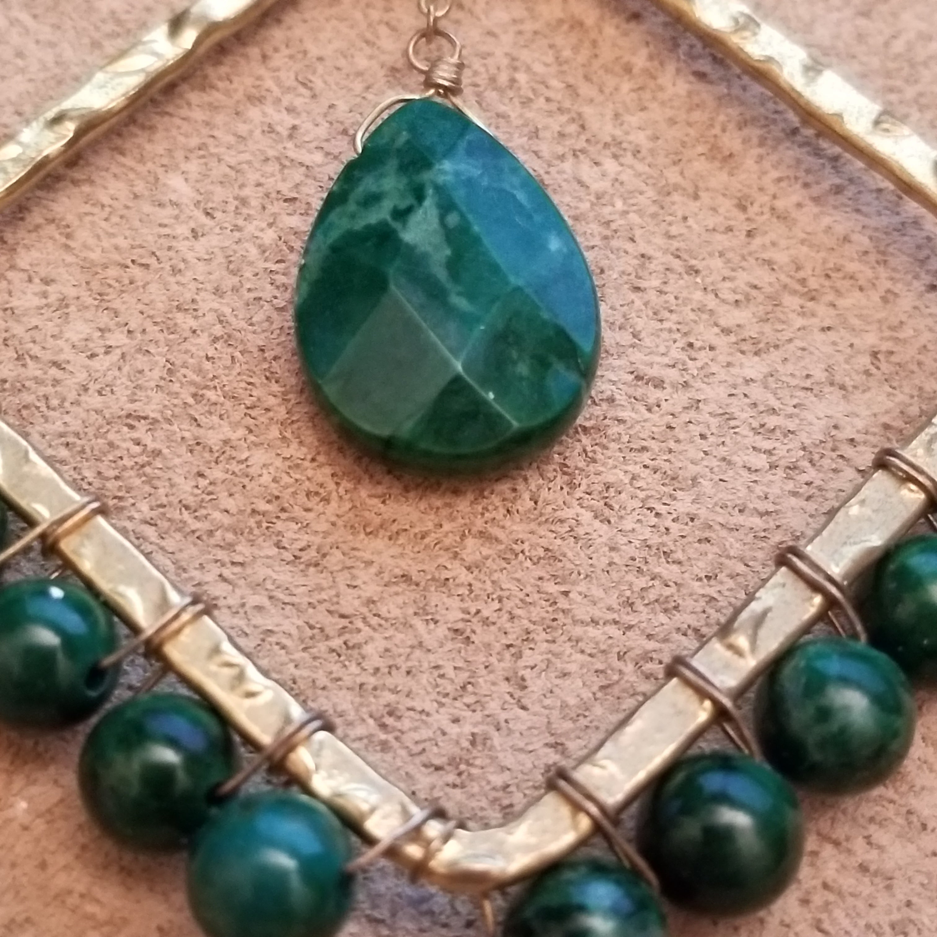 Green & Gold Wire Wrapped Bead Square Earrings