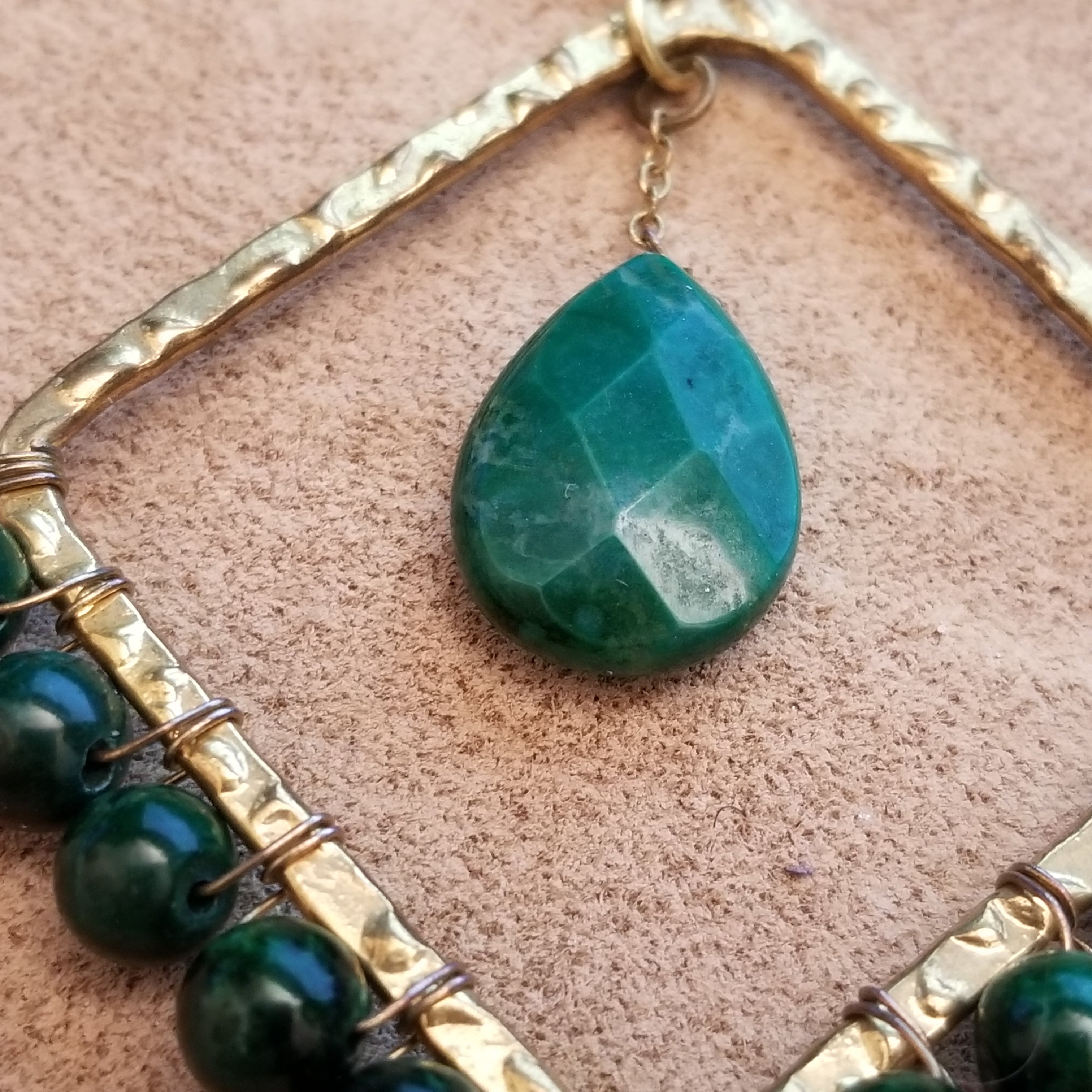 Green & Gold Wire Wrapped Bead Square Earrings