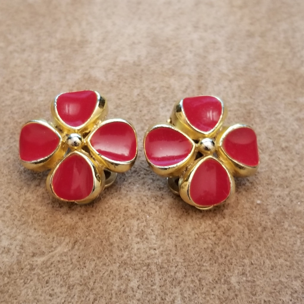Vintage SPHINX Clip Earrings - Red Four Leaf Clover