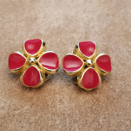 Vintage SPHINX Clip Earrings - Red Four Leaf Clover