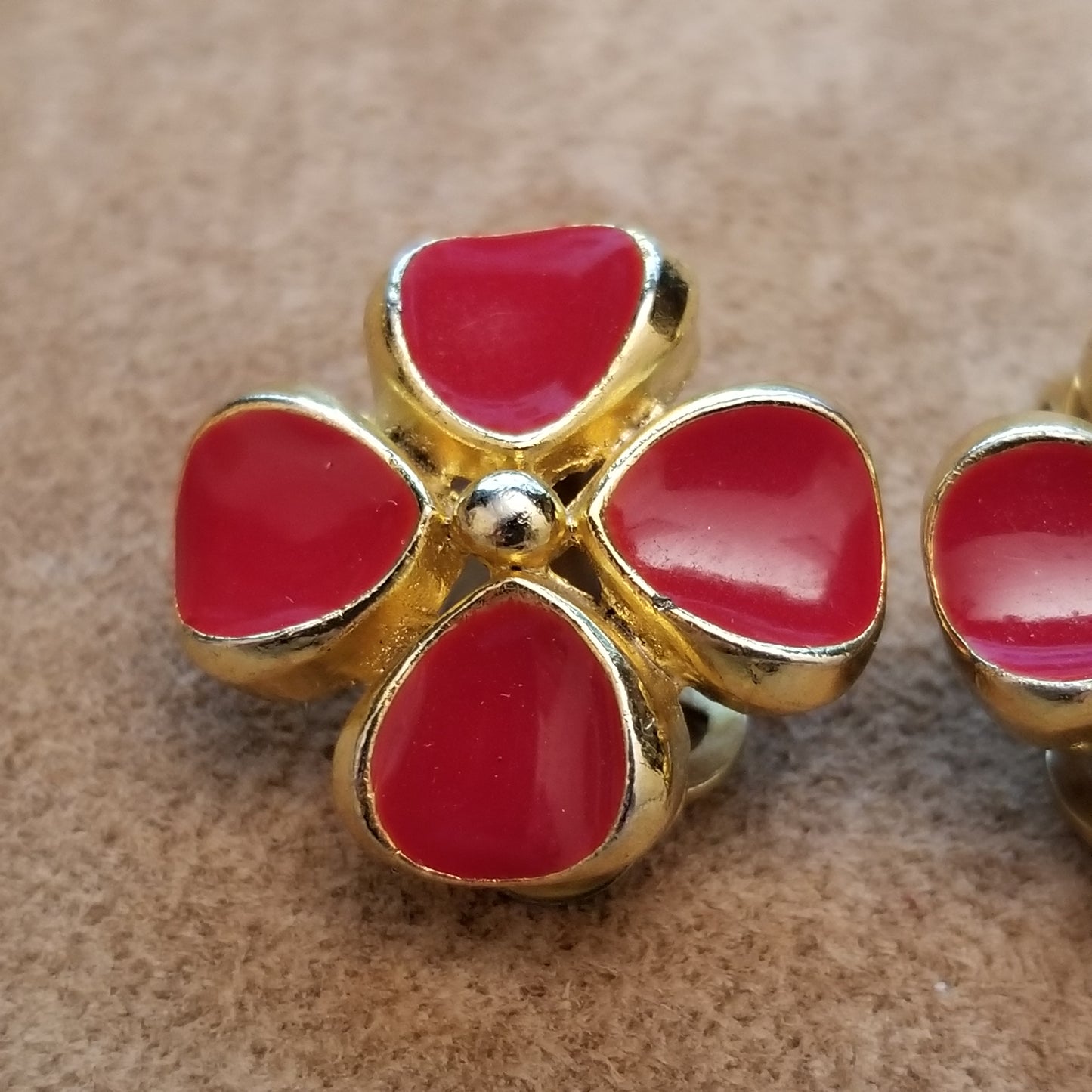 Vintage SPHINX Clip Earrings - Red Four Leaf Clover