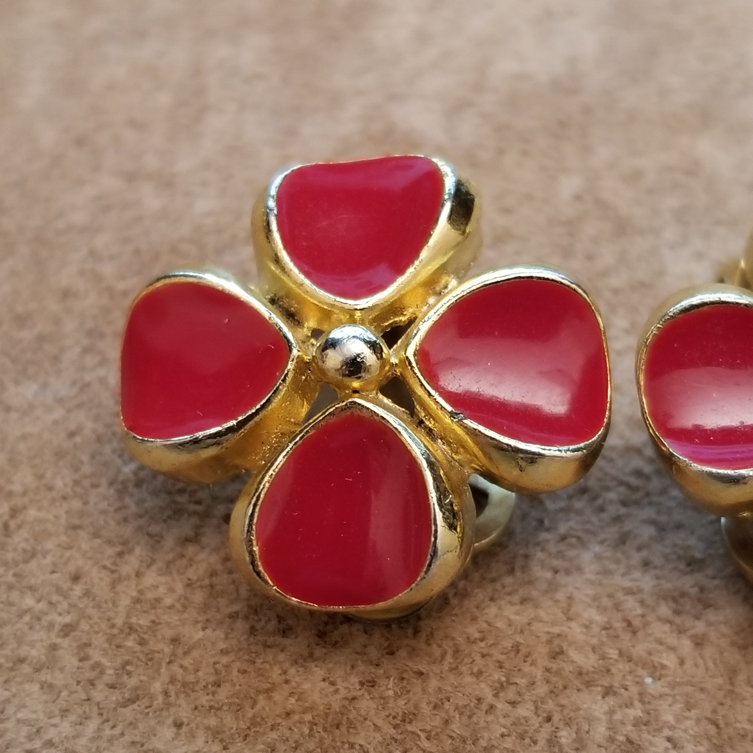 Vintage SPHINX Clip Earrings - Red Four Leaf Clover