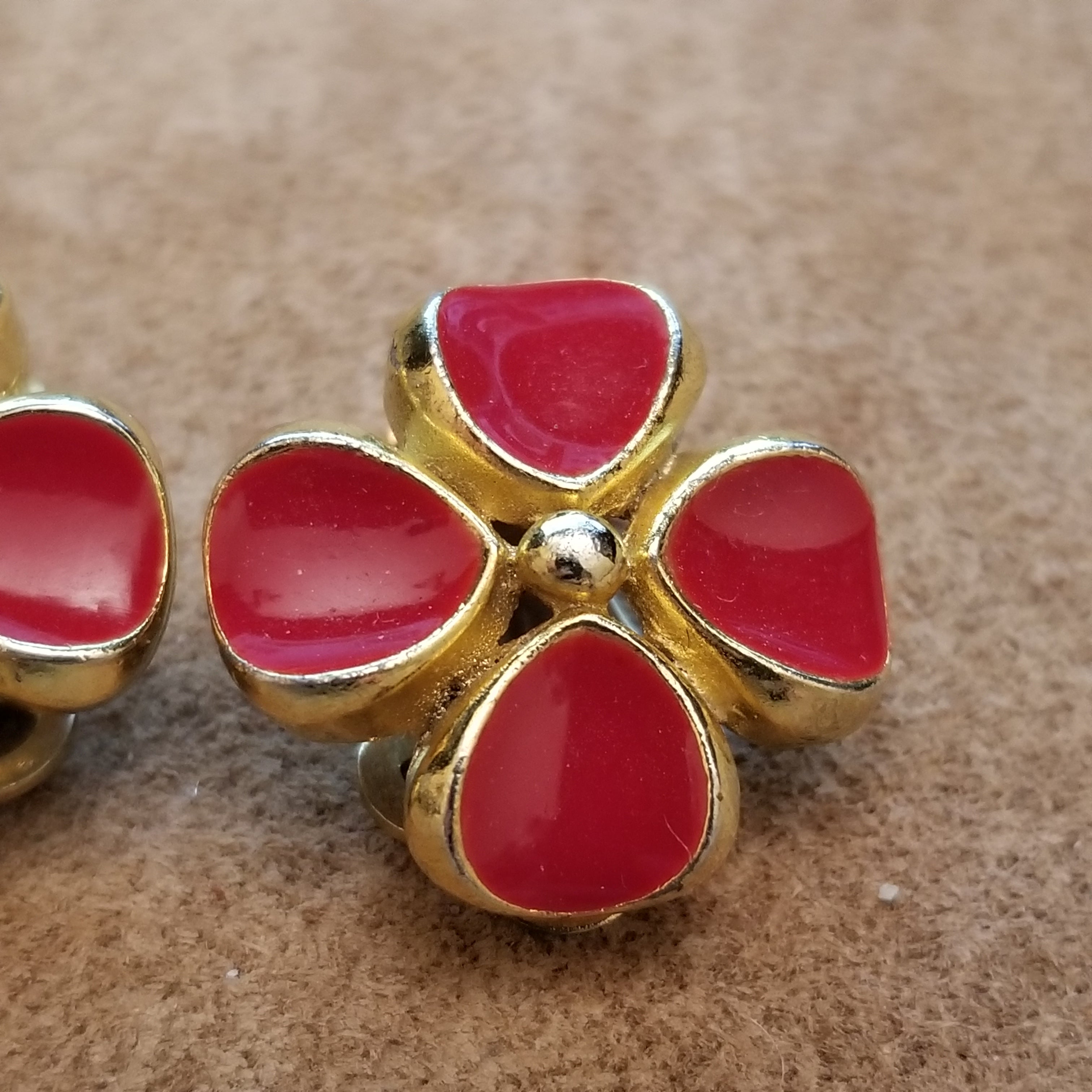 Vintage SPHINX Clip Earrings - Red Four Leaf Clover
